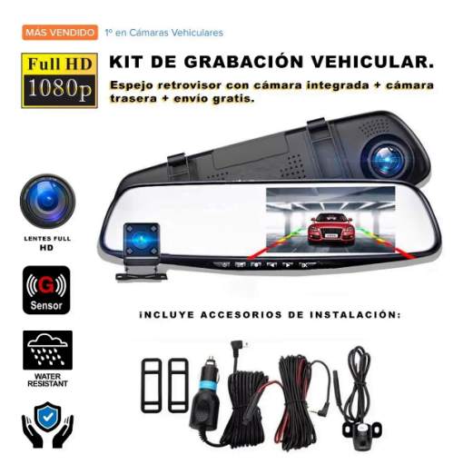 Espejo Retrovisor con GPS 2 Cámaras Graba Nocturna
